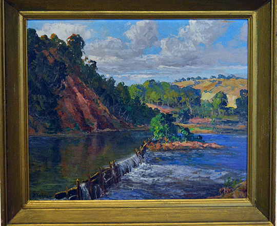 Lot 51: Framed oil painting on canvas of country side by river. H56 x W65cm.
