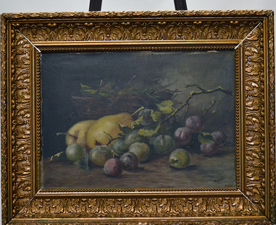 Lot 516_1: Two 19th cent still oil paintings (fruits) on canvas with a gilt painted gesso frame. H49,5 x W63cm.