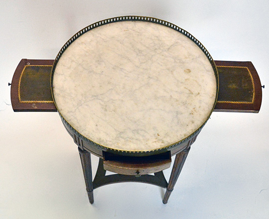 Lot 540_1: 19th cent Louis XVI walnut? ''Bouillot'' round center table with marble top and brass gallery. H76 x dia 54cm.