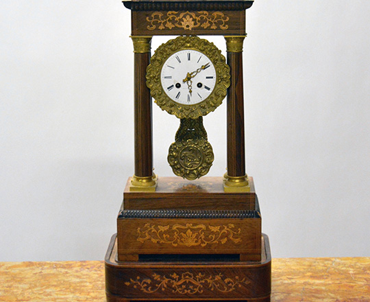 Lot 561: 19thc. Charles X fine marquetry portico clock with a base. H55,5 x W29cm (with base).