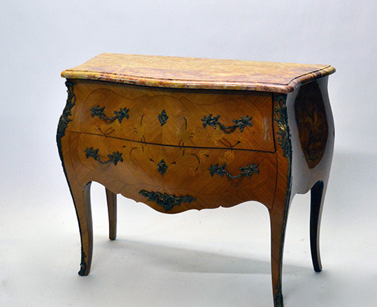 Lot 562: Louis XV style two drawer, marble top marquetry commode. H81,5xW100xD44cm.