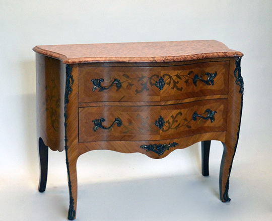 Lot 569: Louis XV style two drawer, marble top marquetry commode. H86xW113xD54cm.