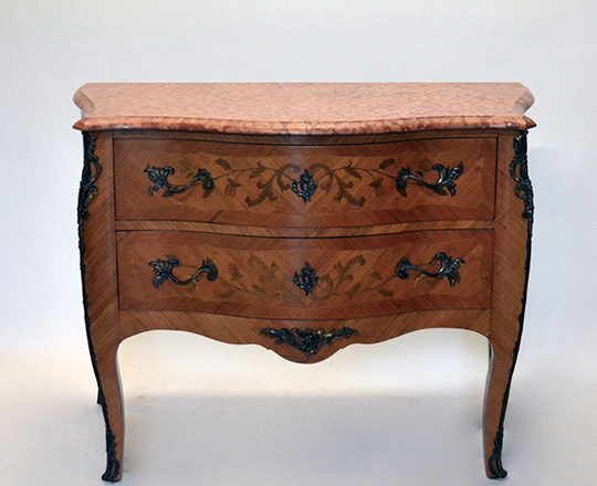 Lot 569_1: Louis XV style two drawer, marble top marquetry commode. H86xW113xD54cm.