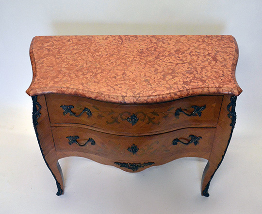 Lot 569_2: Louis XV style two drawer, marble top marquetry commode. H86xW113xD54cm.