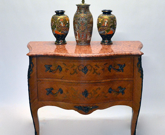 Lot 569_3: Louis XV style two drawer, marble top marquetry commode. H86xW113xD54cm.