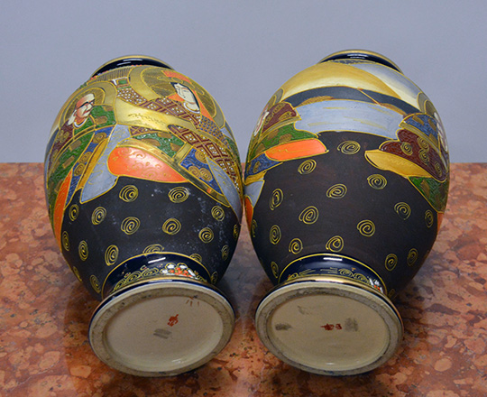 Lot 570_2: Pair Satsuma vases decorated with various hand painted Japanese characters. H31cm.