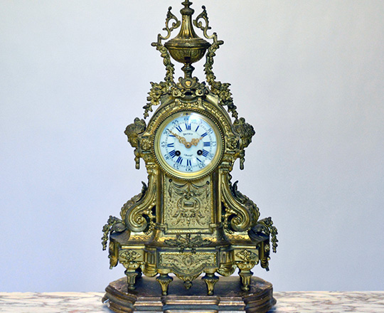 Lot 581_1: Large gilt bronze Louis XVI mantle clock garniture, H54xW32cm + large pair of 5 light candelabras,H52cm.