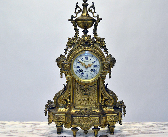 Lot 581_2: Large gilt bronze Louis XVI mantle clock garniture, H54xW32cm + large pair of 5 light candelabras,H52cm.