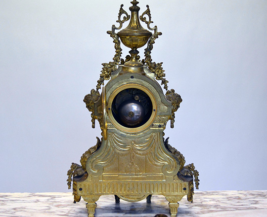 Lot 581_3: Large gilt bronze Louis XVI mantle clock garniture, H54xW32cm + large pair of 5 light candelabras,H52cm.