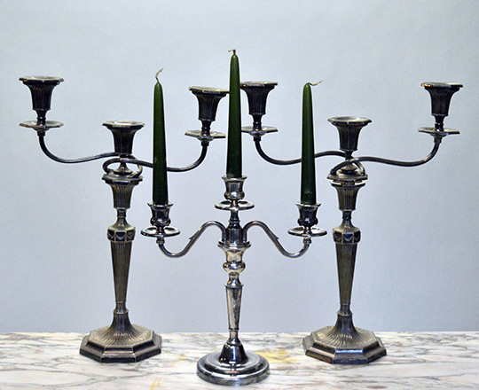 Lot 582: Pair early cent three light, detachable silver plated English candlesticks, H44cm.