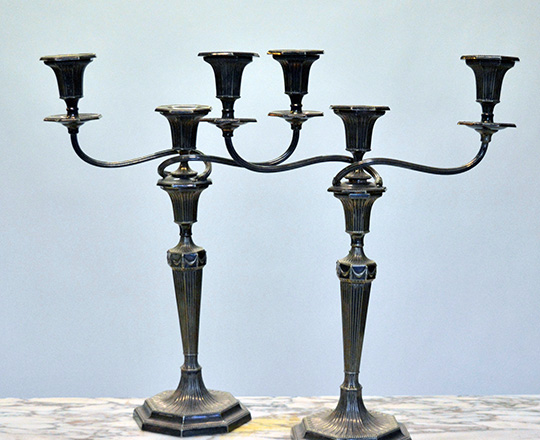 Lot 582_1: Pair early cent three light, detachable silver plated English candlesticks, H44cm.