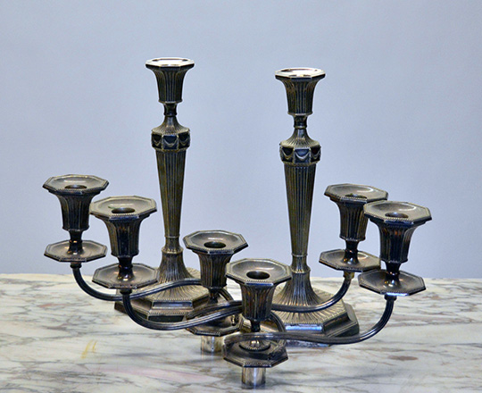 Lot 582_2: Pair early cent three light, detachable silver plated English candlesticks, H44cm.