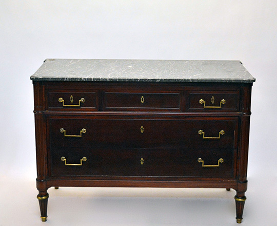 Lot 590_1: Louis XVI style three drawer, marble top mahogany commode. H83xW119xD53.5cm.