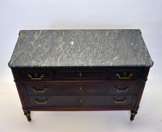 Lot 590_2: Louis XVI style three drawer, marble top mahogany commode. H83xW119xD53.5cm.