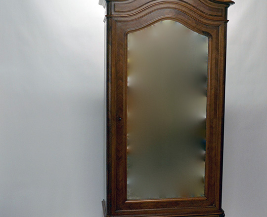 Lot 592_1: 19th cent Louis XV single mirror door walnut armoire with richly carved pediment.(5+1 shelves) H240xW110xD50cm