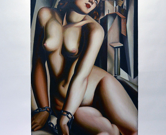 Lot 67: Large oil painting on canvas of chained naked woman. H99 x W64,5cm.