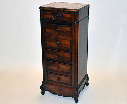Lot 78: Tall 19th cent Louis XV red marble(rep.) top 'chiffonier'. H98,5xW44xD41cm.