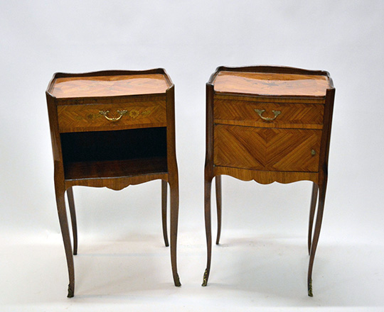 Lot 82: Two Louis XV style two drawer marquetry side tables.