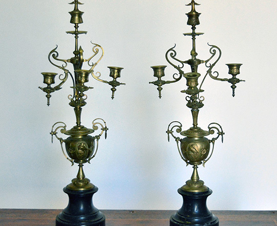 Lot 89: Pair tall 19th cent Nap.III gilt bronze four light candelabras on black marble base. H 61cm.