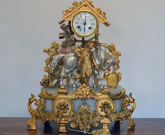 Lot 9: Large 19th c gilt and silver spelter clock,'The horsman's rest'. H47 x 38cm.