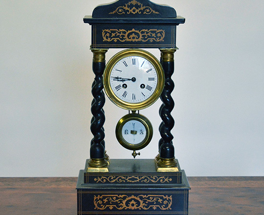 Lot 90: 19th c Nap.III fine marquetry portico clock. H 46cm.