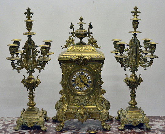 Lot 92: Large 19th c Louis XIV gilt bronze clock ( 57cm.)garniture sided by large pair five light candelabras, H62cm.