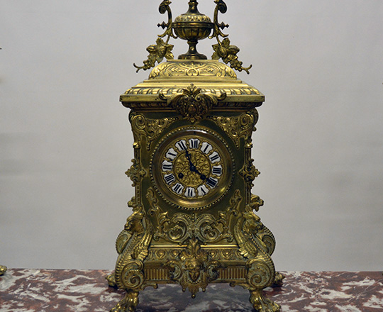 Lot 92_1: Large 19th c Louis XIV gilt bronze clock ( 57cm.)garniture sided by large pair five light candelabras, H62cm.