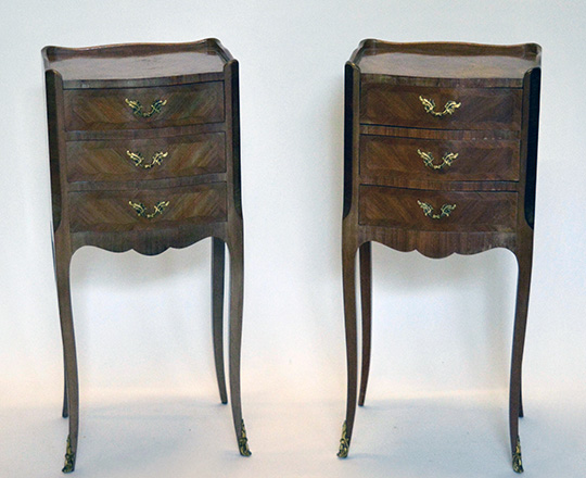 Lot 98: Pair Louis XV style three drawer marquetry side tables. H74xW33xD26cm.