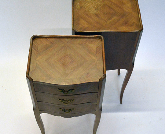 Lot 98_1: Pair Louis XV style three drawer marquetry side tables. H74xW33xD26cm.